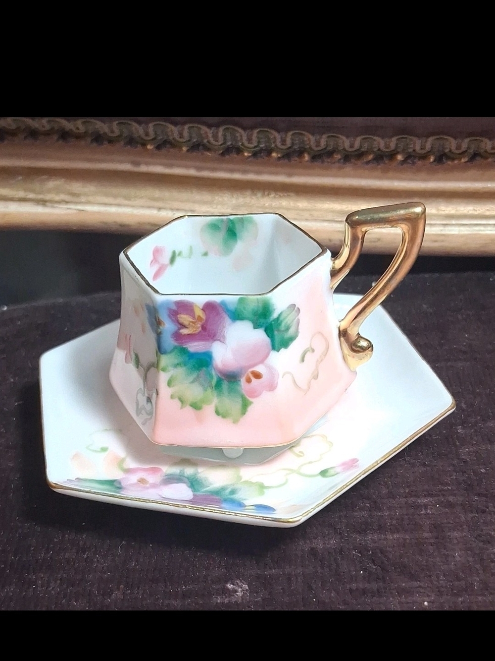 2oz Hand-Painted Hexagonal Tea Cup & Saucer - Pink Floral with Gold Handle